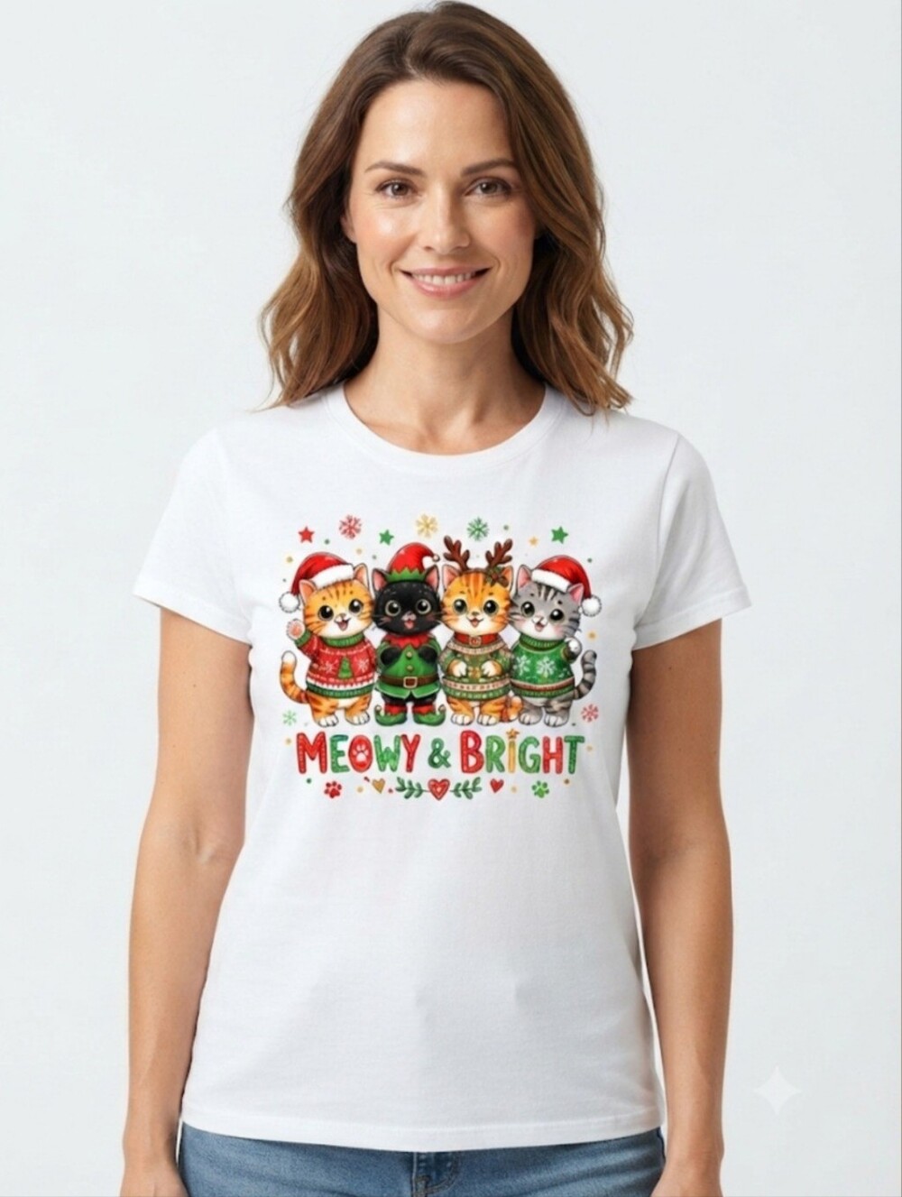 Upcycled Christmas Cat Shirt Meowy & Bright Holiday Graphic Tee Cat Lover Gift